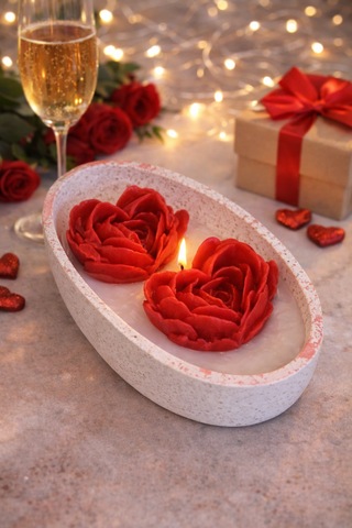 Gül Şeklinde Kırmızı Kalp Mum Seti Polyester Tabakta Gül Kokulu Dekoratif Mumluk Beyaz - Kırmızı