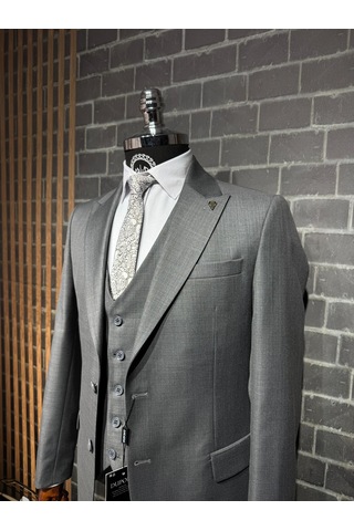 Dupont Classics Dupont Erkek Slim Fit 6 Drop Filafil Viskon Sivri Yaka Çift Yırtmaç Yelekli Takım Elbise Gri