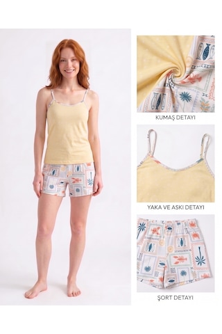 Seamlife Kadın Düğmesiz Bisiklet Yaka Likralı Viskon Yazlık İp Askılı Mini Şortlu Pijama Takımı sarı