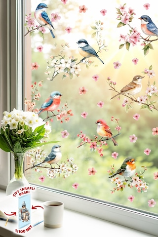 Çift Taraflı Cam Sticker Kuş Ve Çiçek Seti 57 Parça Bahar Temalı Pencere Süsü, %100 Net Görünüm Dijital Baskı