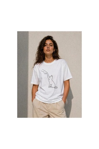 Butik İstanbul Minimal Kedi Çizim Baskılı Tişört Kısa Kol Yazlık T-shirt - Beyaz