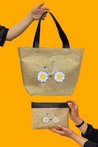 Papatya Baskılı Deri Saplı Hasır Kumaş Baskılı Plaj Çantası Açık Kahverengi