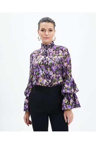 Volan Kollu Metalik Desenli Transparan Gömlek Işıltılı Ve Sofistike Stil Mor