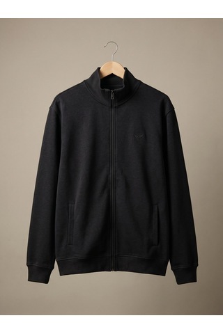 Maccali Erkek Siyah Büyük Beden Pamuklu Fermuarlı Sweatshirt