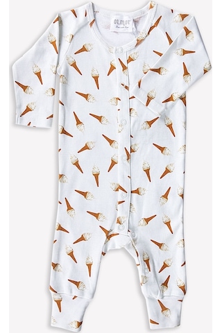 Ozmoz Dondurma Desenli Organik Bebek Tulum Ekru