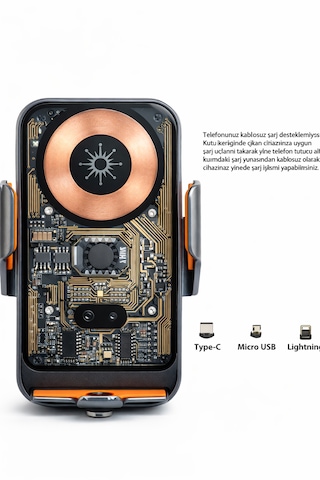 Qasul C11güç, Teknoloji Ve Tasarım Bir Arada 360 Dönebilen Akıllı Araç Telefon Tutucu & Kablosuz Şarj Standı Type-c / Micro Usb / Lightning Siyah
