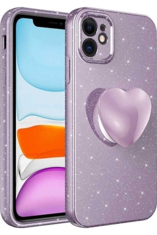 Apple Uyumlu iPhone 11 Kılıf Kamera Korumalı Simli Pop Soketli Lüks Zore Koton Soketli Kapak Mor