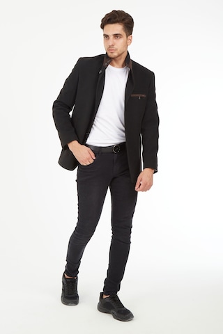 Sposo 1727 Hakim Yaka Düğmeli Yün Kaşe Siyah Erkek Kaban