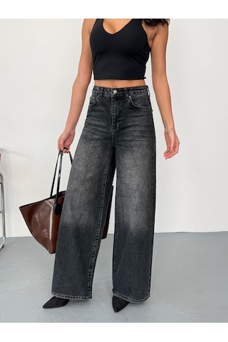 Kadın Füme Taşlamalı Baggy Jean Yüksek Bel Geniş Paça Kot Pantolon Siyah Siyah+taşlamalı