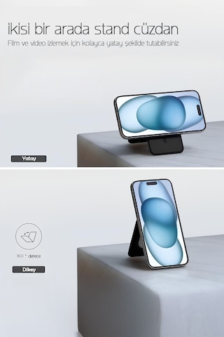 Magsafe Uyumlu Güçlü Mıknatıslı Katlanabilir Deri Cüzdan Ve Telefon Standı Siyah