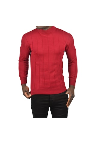 Deepsea Erkek Bordo Slim Fit Likralı Tüylenme Yapmayan Yarım Balıkçı Çizgili Triko Yarım Boğazlı Kazak 2505503 Bordo