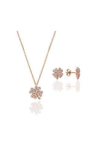 Gümüş Rose Zirkon Taşlı Yonca Kolye Ve Küpe Gümüş Ikili Set