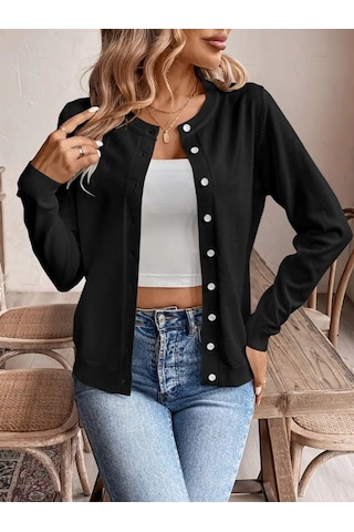 Kadın Uzun Kollu Önden Düğmeli Triko Ceket Siyah