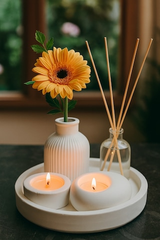 Dekoratif 5li Set Mum Çizgili Vazo Tealight Mumluk Ve Oda Kokusu Seti
