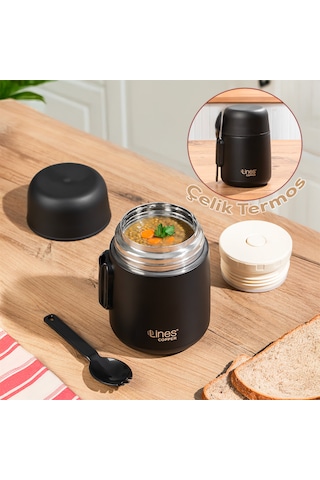 Porsima Paslanmaz Çelik Vakumlu Yemek Termosu Beslenme Kutusu Taşınabilir Lunch Box Sefer Tası Siyah 600 Ml Siyah