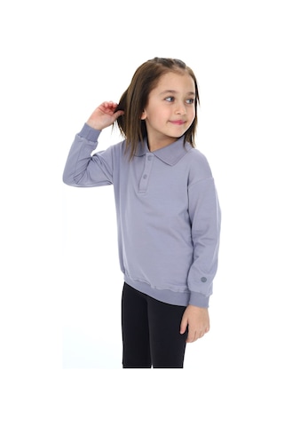 Toontoy Kız Çocuk Regular Fit Polo Yaka Düşük Omuz Nakış Baskılı Sweatshirt - 2 İplik Koyu Gri