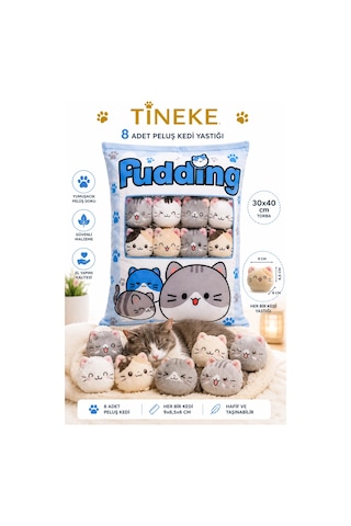 Tineke 8 Li Peluş Kedi Yastığı Seti Minik Yumuşak Kedi Oyuncağı Ve Uyku Arkadaşı Mavi Karışık
