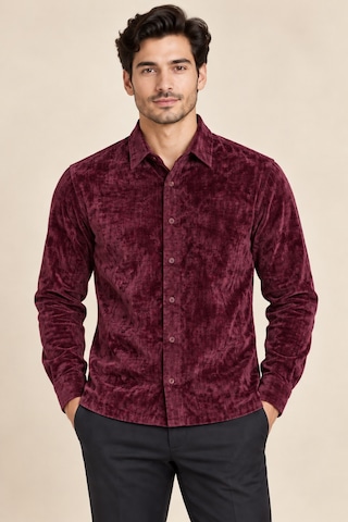 Tarz Cool Erkek Parlak Kadife Uzun Kollu Regular Fit Gömlek Bordo