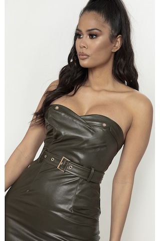 Fashion Cocktail Düğmeli Sexy Dar Suni Deri Dekoratif Düğmeli Kemerli Gece Elbise Siyah