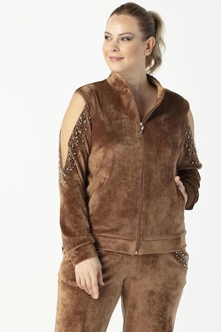 1950 Kolları Taşlı Tam Kalıp Tarz Kadife Büyük Beden Eşofman Takımı Taba Taba