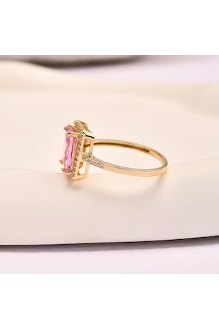14 Ayar Altın Tektaş Pembe Topaz Yüzük, Zarif Doğum Taşı Hediyesi 14 Ayar Altın