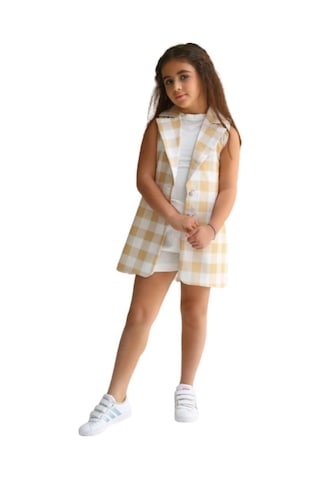 Riccotarz Kız Çocuk Halter Yaka Ekose Baskılı Düğme Detaylı Hardal Şortlu Takım Hardal