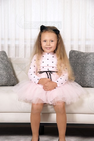 Puantiyeli Kız Çocuk Uzun Kollu Doğum Günü Ve Özel Günler İçin Tüllü Elbise Pembe