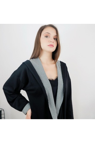 Mois Atelier Ekose Detaylı Triko Hırka, Tasarım, Hediye, Büyük Beden, Tesettür Siyah