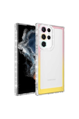 Galaxy S22 Ultra Uyumlu Simli Ve Renk Geçiş Tasarımlı Lens Korumalı Btz Park Kapak-pembe-sa
