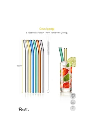 Perotti Straw 6'lı Renkli Cam Eğimli Isıya Dayanıklı Pipet