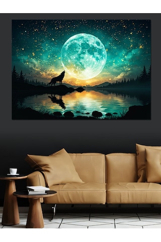 Dolunay Manzarasında Uluyan Kurt Dekoratif Kanvas - Mdf Ahşap Tablo