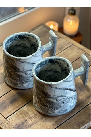 2'li Nerikomi El Yapımı Stoneware Fincan Gri - Krem