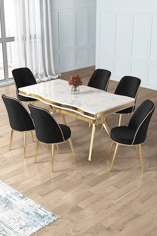 Canisa Concept Prah Serisi 90x160 Lak Panel Beyaz Mermer Desen Gold Ayak Masa Takımı 6 Siyah Sandalye Beyaz Mermer Desen Masa Sandalyeler Siyah