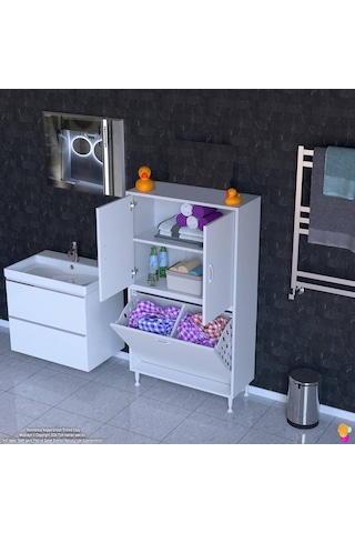 Modilayn İlkim 70 X 138 X 32,5 Cm' Lik Kapak İçi Çift Raflı, İki Akıllı Çamaşır Sepetli Dolap Beyaz