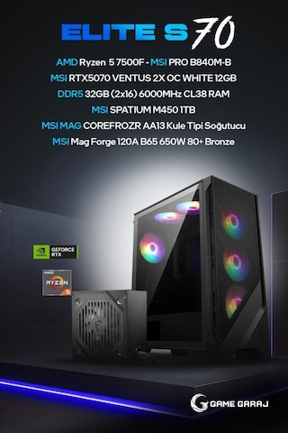 Game Garaj Elite S70 R5-7500F 32 GB 1 TB SSD RTX5070 Dos Masaüstü Oyuncu Oem Paket Bilgisayarı
