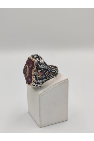 Kırmızı Kehribar Taşlı Çiçekli İslam Usta Eseri 925 Ayar 24 Mm