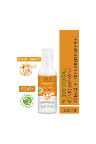 INCIA %100 Doğal Organik Tamanu Yağlı Güneş Losyonu Mineral Filtreli Tüm Aile İçin SPF 50+ 100 ML
