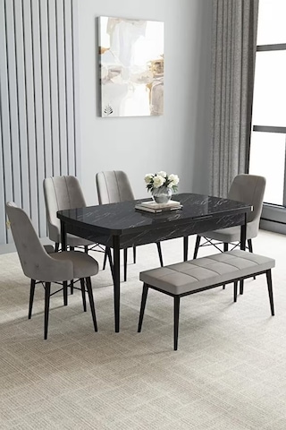 Loft Siyah Mermer 80x132 Açılabilir Mdf Masa Yemek Odası Takımı, Mutfak Takımı 4 Sandalye, 1 Bench Gri