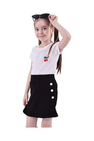 Erdem Kıds Kız Çocuk T-shirt Yakası Dantelli Kiraz Ve Düğme Detaylı Şort Etek Bluz Yazlık Ikili Takım Siyah Siyah