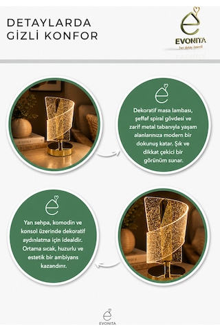 Evonıta Dekoratif Led Masa Lambası Spiral Tasarım Şeffaf Işıklı Abajur Gold Tabanlı Modern Gece Lambası Beyaz