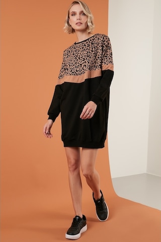 Lela  Leopar Desenli Renk Bloklu Oversize Bisiklet Yaka Bayan Tunik 5863604 Siyah