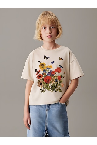 Uyguntarz Çocuk Çiçekler Baskılı Pamuklu Tshirt Bej