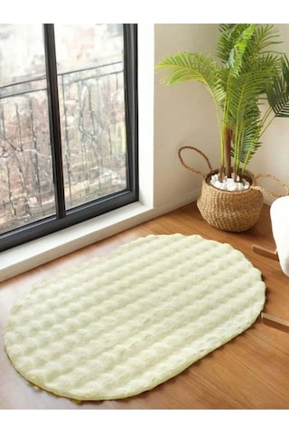 Raschel Carpet Krem Yumuşak Bubble Kaymaz Özel Taban Oval Peluş Halı Yolluk