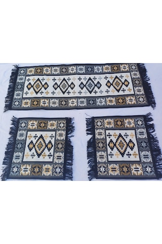 Oto Koltuk Üstü Kilim 45x50cm 50x130cm Gri&siyah&kahve 3'lü Set