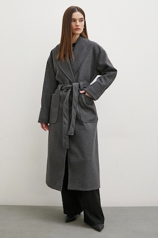 Kuşaklı Şal Yaka Kaban Antrasit