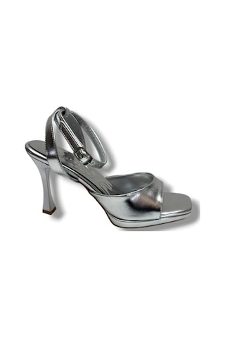 Erbay 603-26 Parlak Simli Deri Tek Bant Topuklu Kadın Sandalet 10cm Gümüş