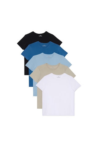 Tudors Unisex 5'li Paket Siyah-taş-mavi-açık Mavi-beyaz Slim Fit Dar Kesim %100 Pamuk Bisiklet Yaka Tişört-33029 A Çok Renkli