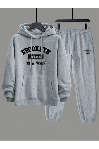 Siyah Brooklyn New York Baskılı Kapüşonlu Sweatshirt Ve Eşofman Altı Eşofman Takımı Gri