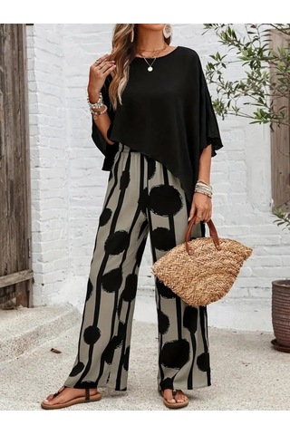 Munn Collection Kadın Truvakar Kol Bisiklet Yaka Asimetrik Dikişsiz Sandy Pelerin Bluz Ve Desenli Pantolon Ikili Takım Siyah