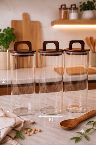 Aria- 3'lü Borosilikat Bambu Kapaklı Kavanoz 1300 Ml Düz Kahverengi